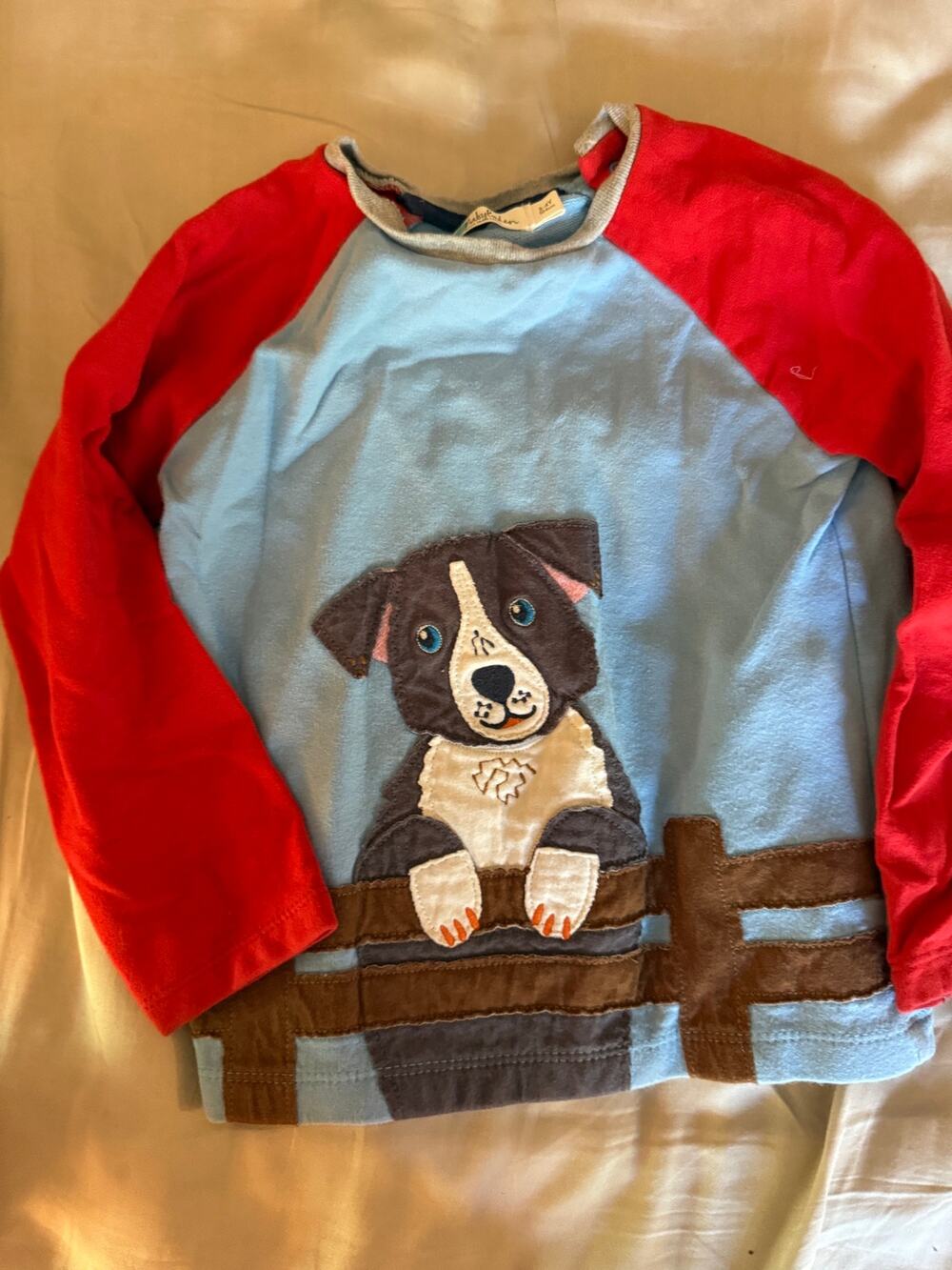 Mini Boden Navy Blue red dog Applique Shirt size 3-4